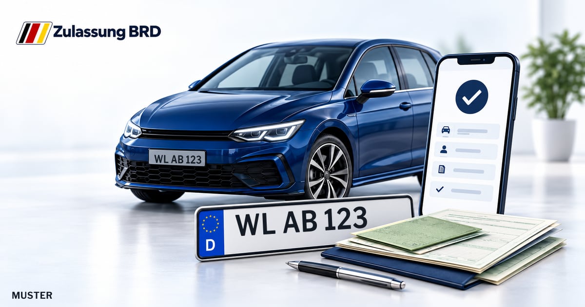 Online Fahrzeugzulassung in Stelle: Musterkennzeichen WL AB 123, Auto und Fahrzeugpapiere und Smartphone. Illustration mit Logo von Zulassung BRD.